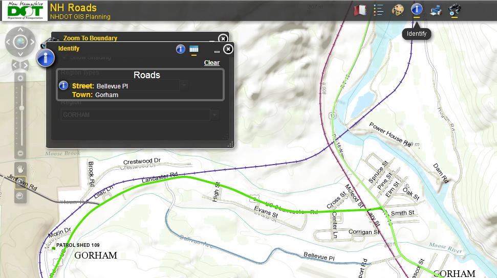 NH-Roads App with Identify Tool active and a road selected.