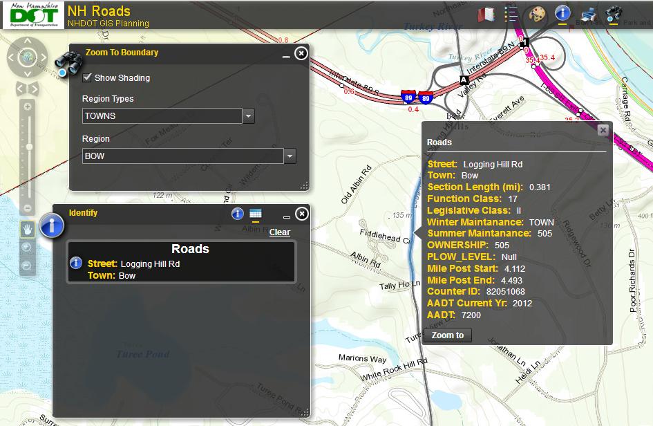 NH-Roads App with Identify tool active, road selected, and detailed information displayed.