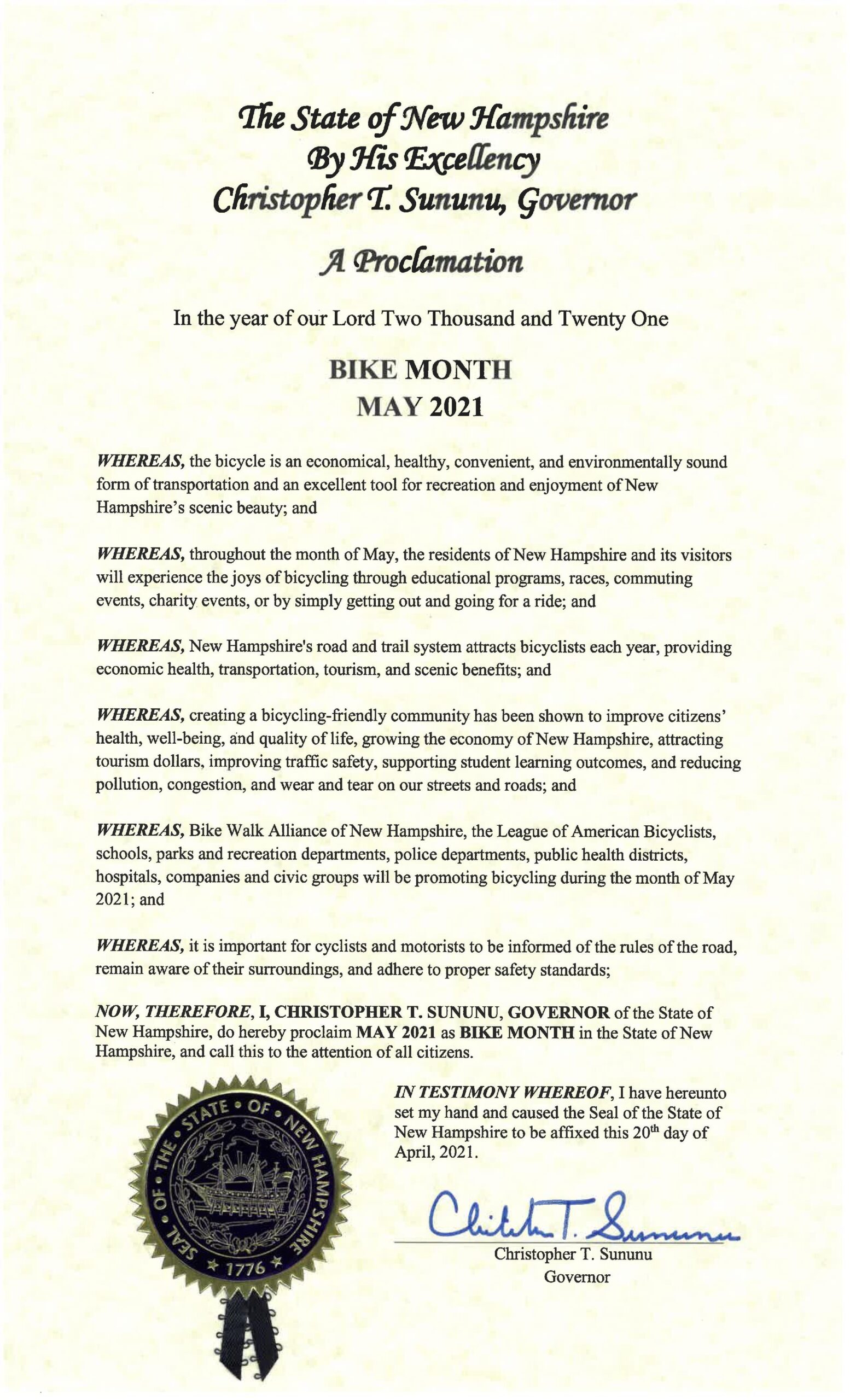 Governor’s Proclamation for Bike Month